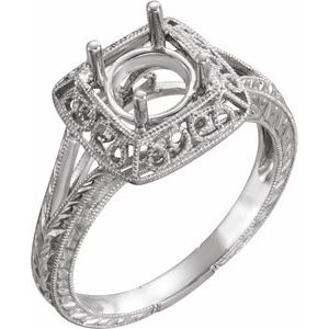 14K White 5.2 mm Round Design-Engraved Solitaire Engagement Ring Mounting